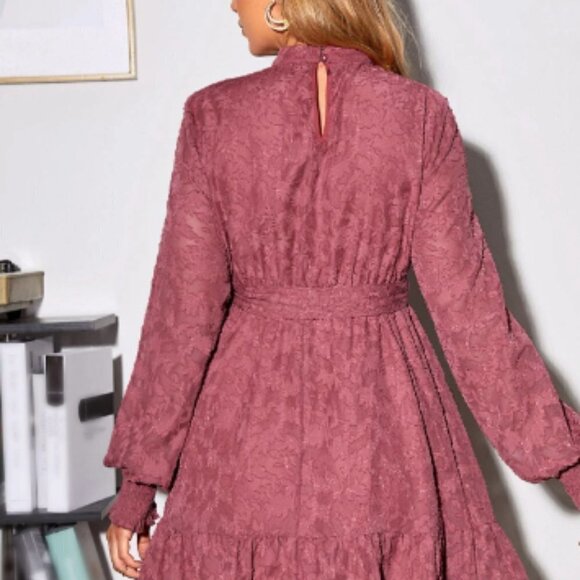 SHEIN Maternity Mock Neck Lantern Sleeve Ruffle Hem Belted Jacquard Dress - Picture 2 of 6